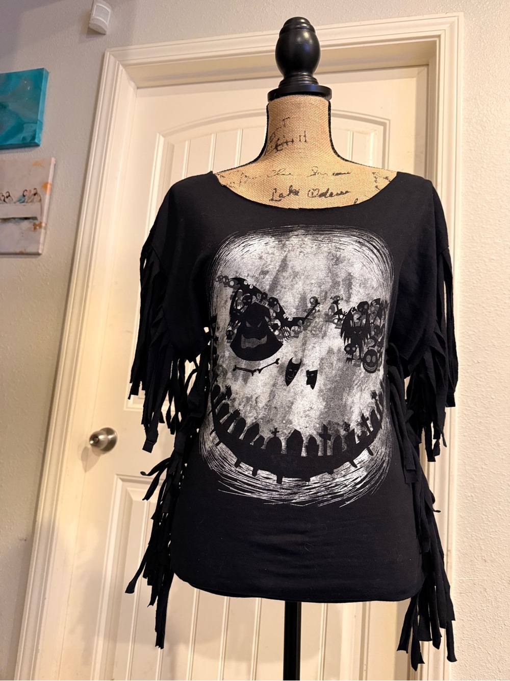 Jack Skellington Fringe Top – Size XS – Upcycled Goth Grunge